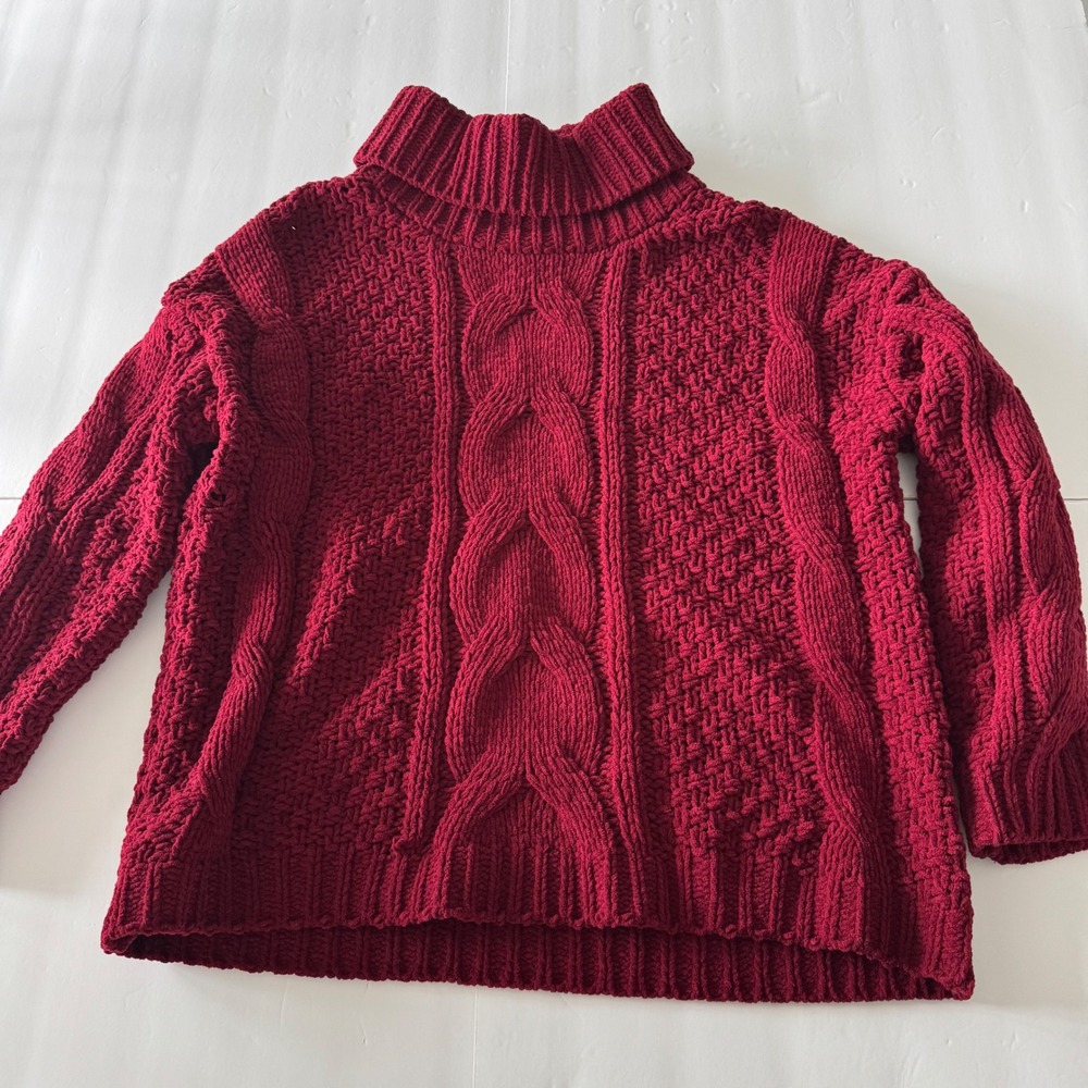 Burgundy Chenille Cable Knit Turtleneck Sweater Oversized Wine Red M1135